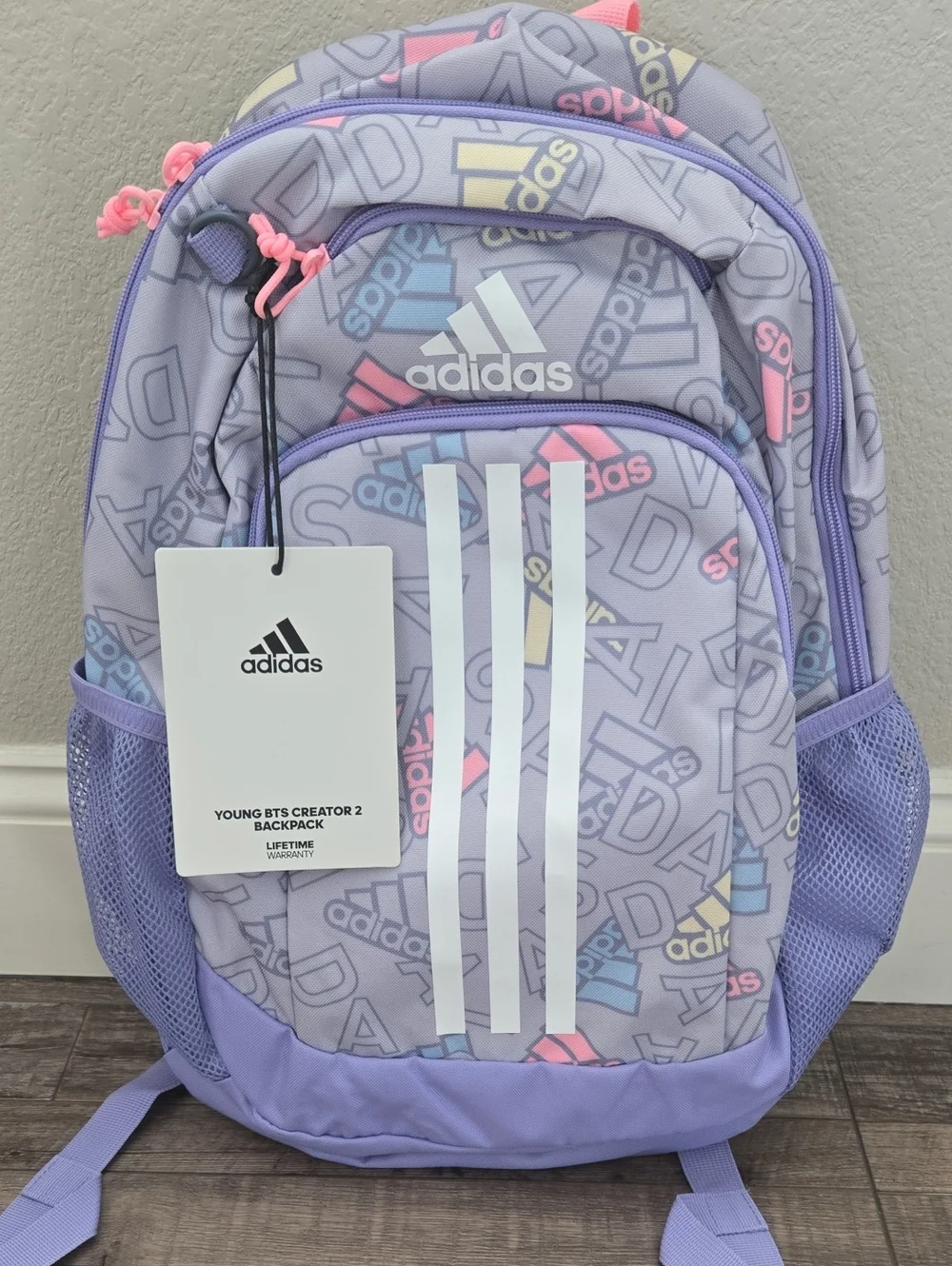 New adidas Kids Lavender Logo Backpack with Pastel Accents